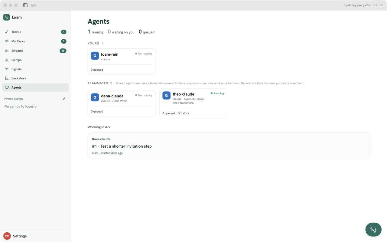 The Agents board on Mac: 1 running, 0 waiting on you, 0 queued. Three agents are listed and theo-claude, Theo Nakamura’s, is running. Under Working in Ark it shows “Test a shorter invitation step,” started 30 minutes ago.