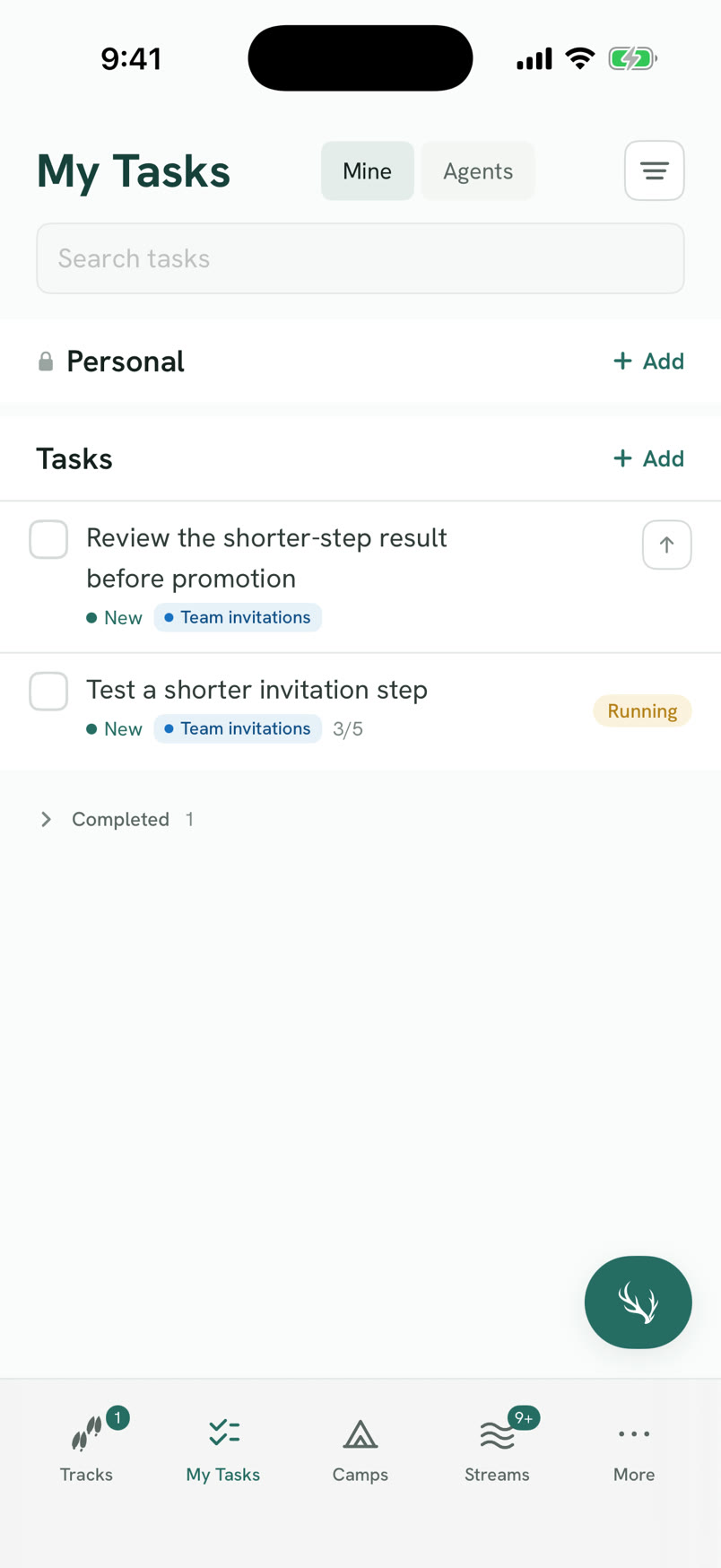 My Tasks on iPhone with the same two tasks. “Test a shorter invitation step” shows Running, 3 of 5.