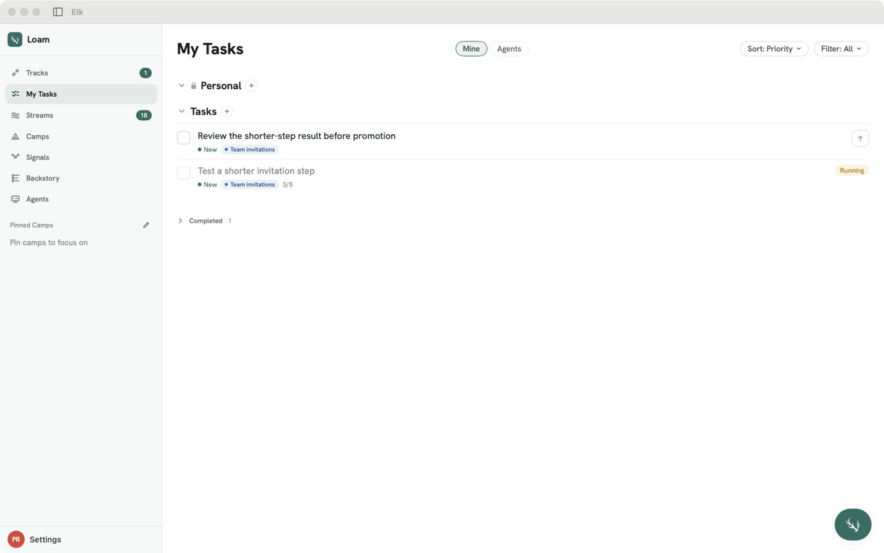 My Tasks on Mac. Two tasks in Team invitations: “Review the shorter-step result before promotion” and “Test a shorter invitation step,” which is running with 3 of 5 steps done.